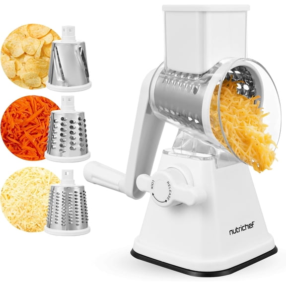 NutriChef 3-in-1 Cheese Grater & Shredder – Rotary Hand-Crank Grater with Strong Suction Base & Safety Lock, Includes 3 Drum Blades for Fine, Medium & Strip Cuts, White