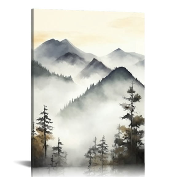 ONETECH Framed Neutral Mountain Canvas Wall Art Forest Landscape Posters Prints Modern Abstract Watercolor Paintings Wall Decor Pictures for Living Room Bedroom Decoration 12x16 in