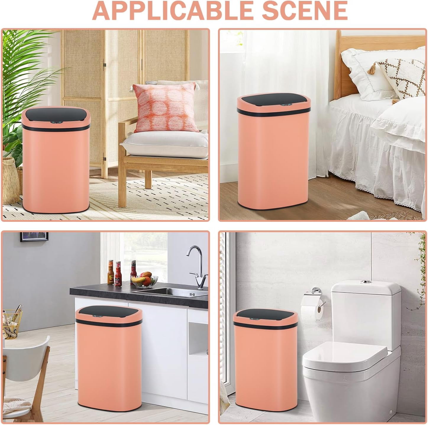BIQWBIC 13 Gallon Automatic Trash Can, Touchless Stainless Steel Kitchen Garbage Can, Pink