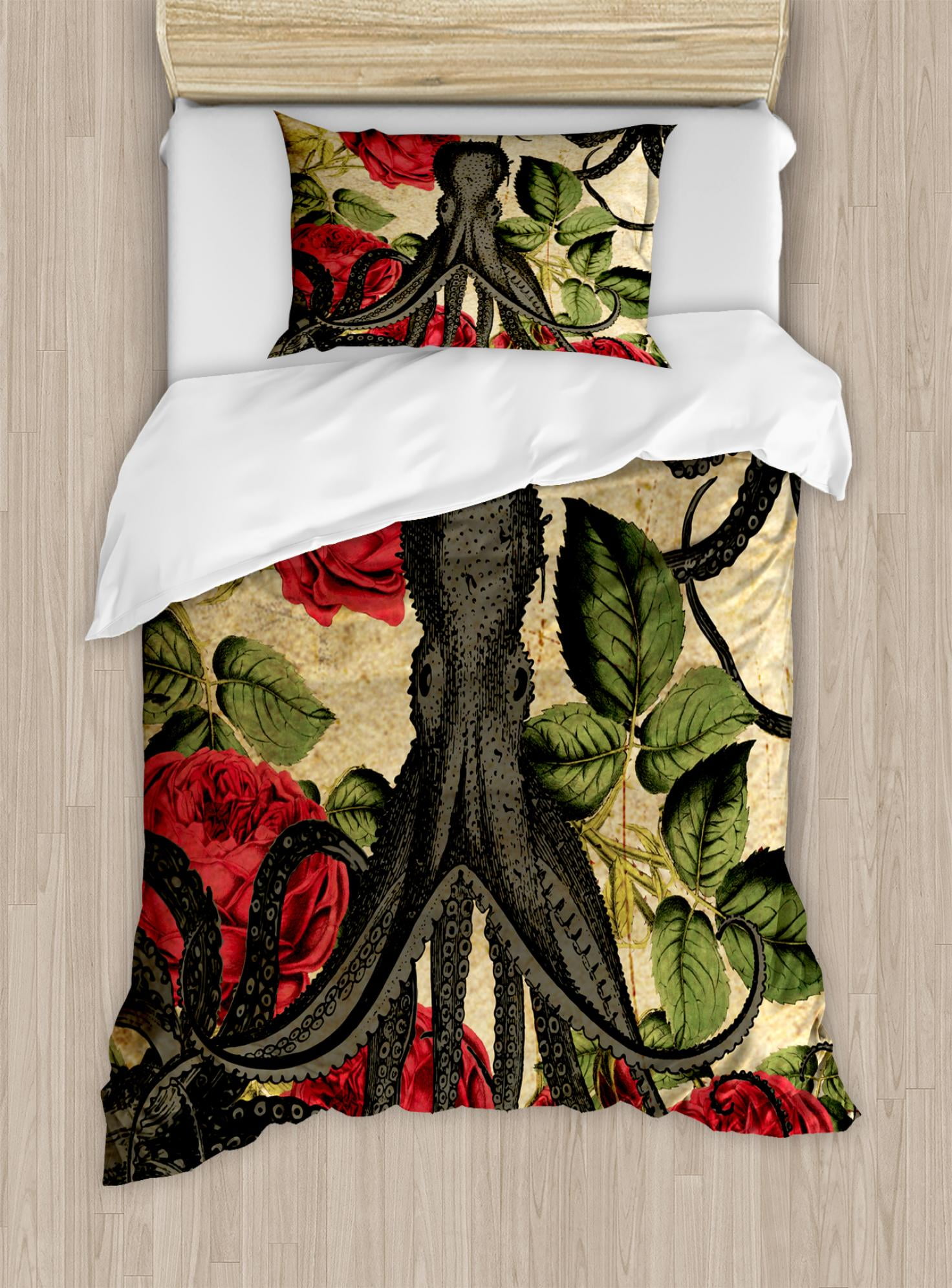 Octopus Duvet Cover Set Nostalgic Arrangement With Blossoming Roses Octopus Duvet Cover Set Nostalgic Arrangement With Blossoming Rosearine Animal Decorative Bedding Pillow Shams Brown Charcoal Grey