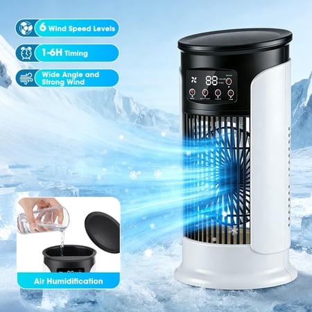 Portable Air Conditioner, Air Cooler with Humidifier, Digital Display, Ambient Light, Timing Function 6-Speed Evaporative Air Cooler, USB Mini Air Conditioner with Cooling Fan for Home Office, White
