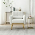 thumbnail image 2 of High Backrest Accent Chair, Modern Tufted Teddy Fabric Armchair with 1 Waist Pillow, Comfy Leisure Chair with Metal Trim and Gold Legs, Single Sofa Chair for Living Room Bedroom Apartment, White, 2 of 7