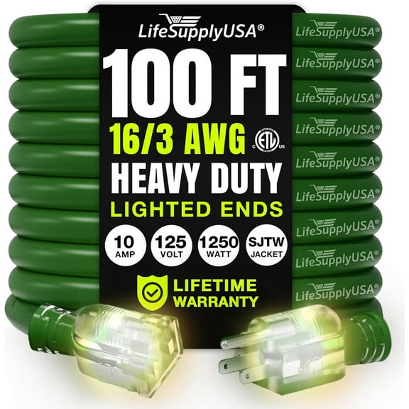 100ft Outdoor/Indoor Extension Cord 16/3 Gauge Heavy Duty 3 Prong SJTW, Waterproof, ETL Listed, Flexible Cold-Resistant Long Power Cord,125 Amp 1250W, Green by LifeSupplyUSA