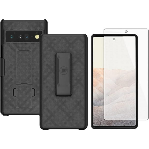 Wireless ProTech Case Compatible with The Google Pixel 6 Phone (Screen Size 6.4 inch only). Slim Line Case with Kickstand and Belt Clip Holster Combo Includes Screen Protector