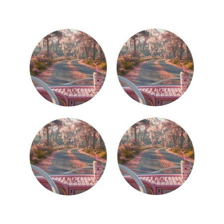 

Honeii Vintage Pink Drive View Print Leather Coaster Set of 4 Ideal for Safeguarding Your Furniture from Drinks Spills and Effortless Cleanup-Round Shape