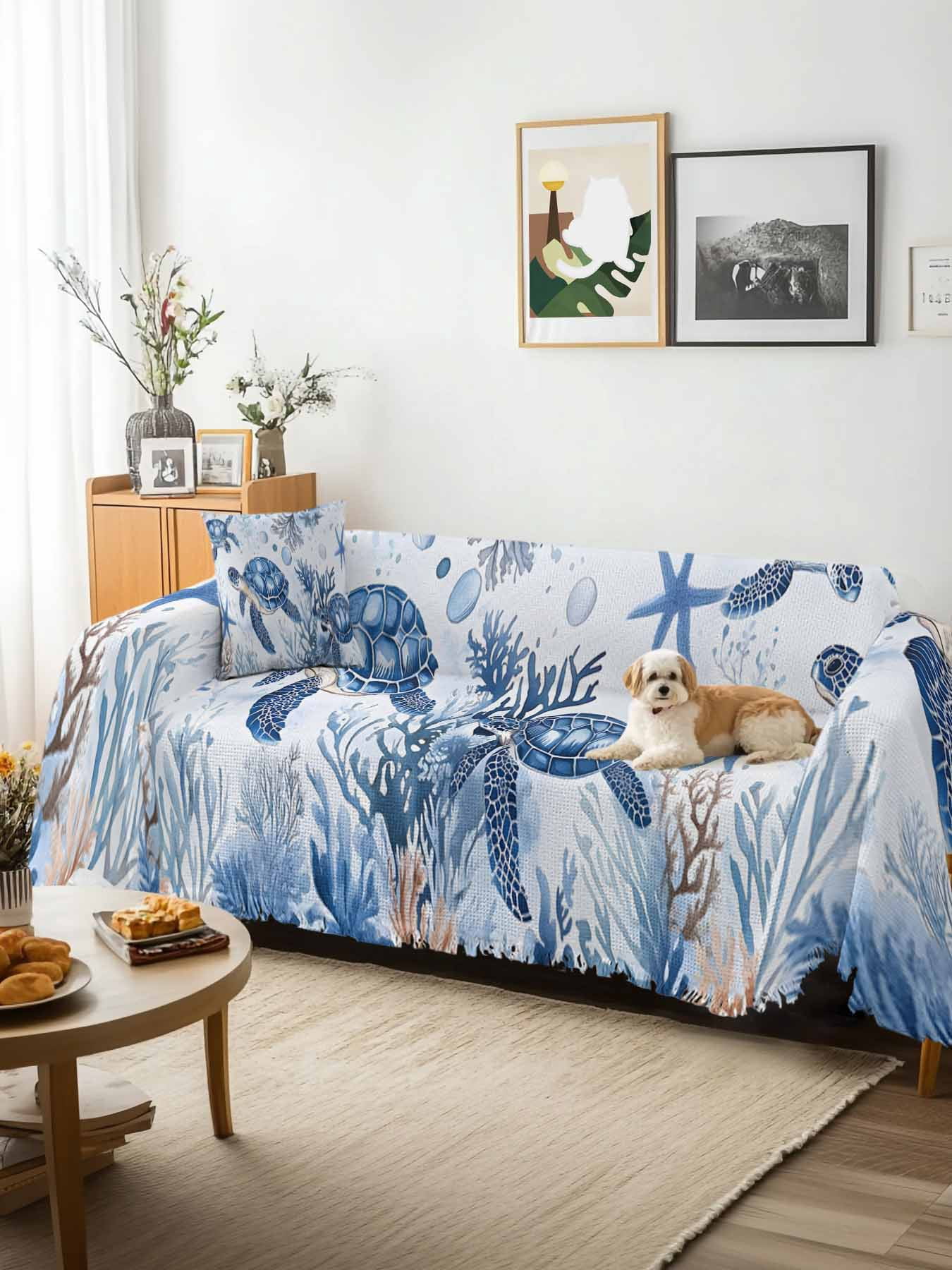Summer Beach Coastal Sofa Covers for 2-3 Cushion Couch L-Shaped Sectional, Sea Turtle Coral Nautical Washable Sofa Covers Slipcover for Living Room Furniture, Couch Cover Blanket 71"x134"