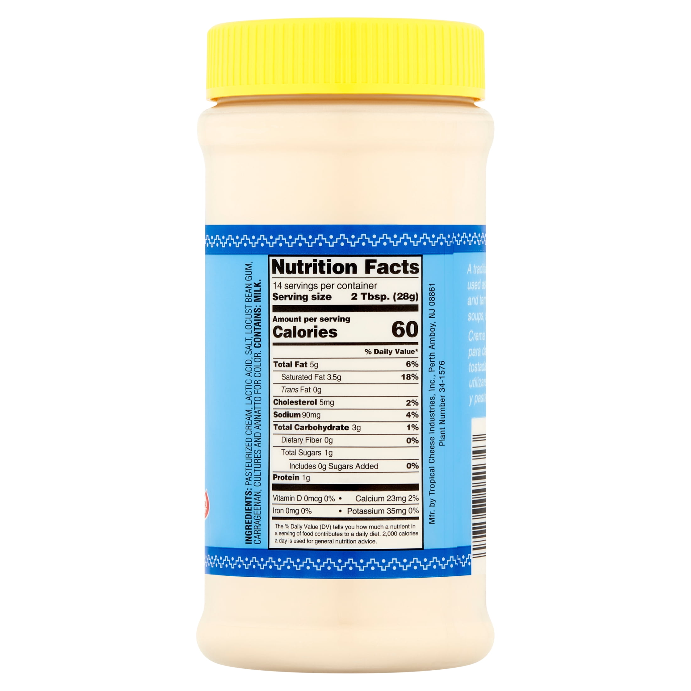 Tropical Crema Salvadorena Salvadoran Style Mild Sour Cream, Grade A Cultured, 14oz Resealable Jar, Contains Milk