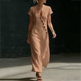 thumbnail image 5 of Women's Cotton Linen Midi Dress Summer Short Sleeve V‑Neck Asymmetrical Button Casual Dress with Side Pockets Khaki M(M), 5 of 6