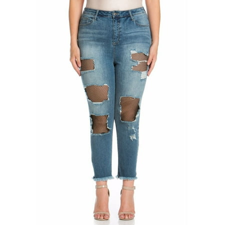 Cello Juniors' Plus Size High-Rise Girlfriend Jean with Fishnet Detail