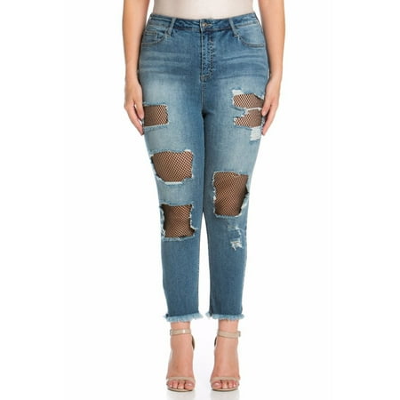 Cello Juniors' Plus Size High-Rise Girlfriend Jean with Fishnet