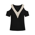thumbnail image 6 of ClodeEU Women's V Neck Cold Shoulder Short Sleeve Top with Contrast Trim, Casual Solid Color Blouse Black,Women's Plus M, 6 of 6
