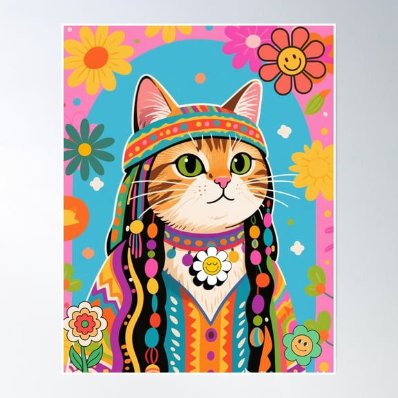 Hippie Cat Poster Wall Art, Modern Wall Decor, 8x12 UNFRAMED