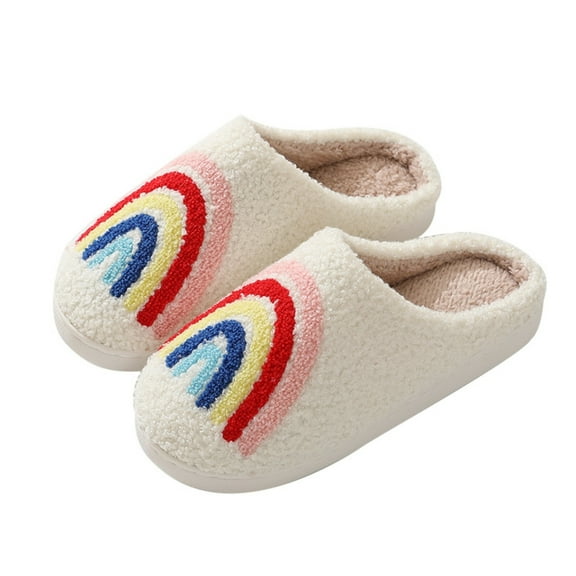 Lovskoo 2024 Women's And Men's Slippers Rainbows Warm Winter And Couple Models Home Indoor Soft Bottom Plush Warm Cotton Slippers White