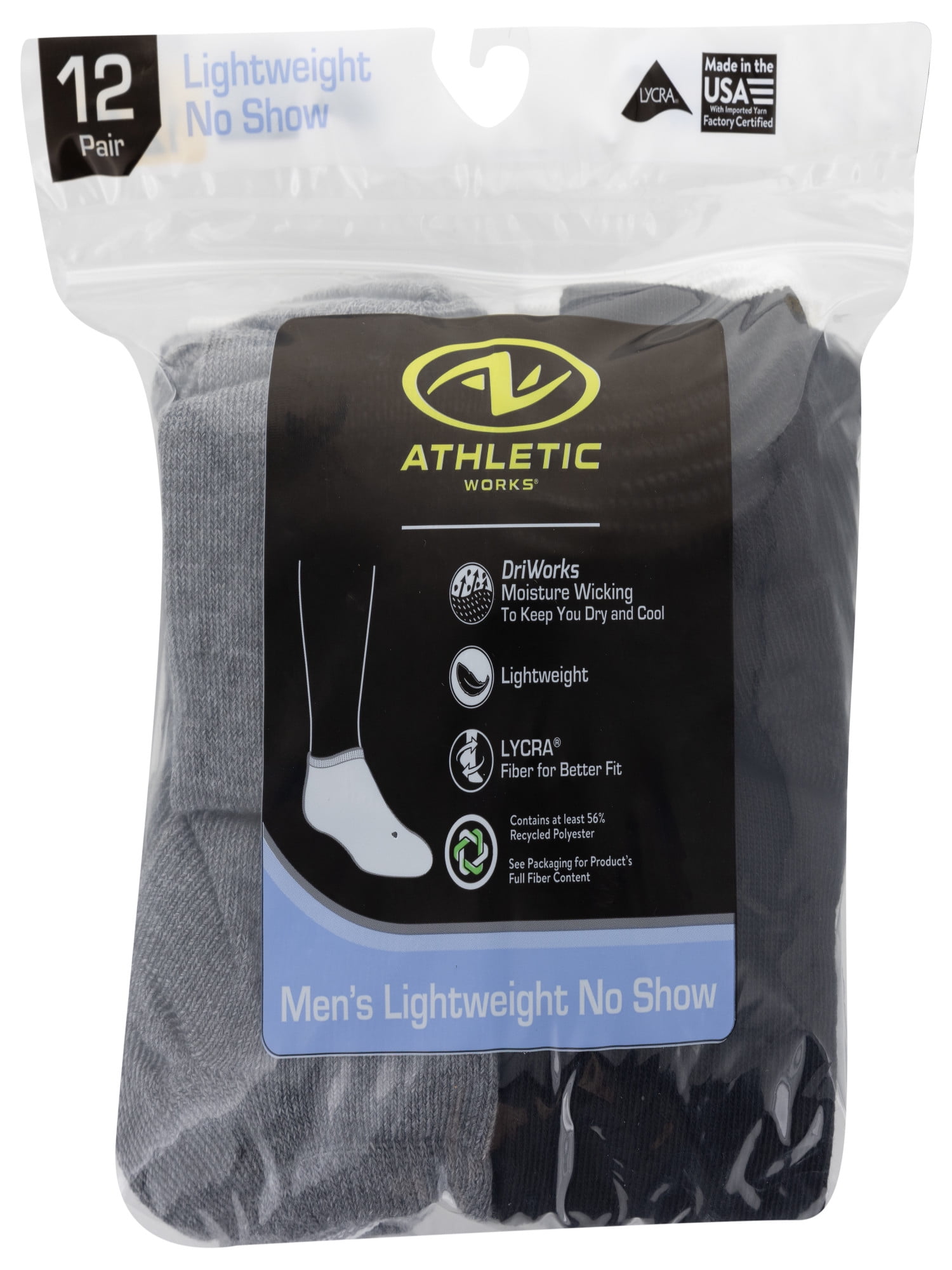 Athletic Works Men's Lightweight No Show Socks, 12-Pack, Moisture-Wicking, Lightweight Fabric, Fits Shoe Sizes 12-15
