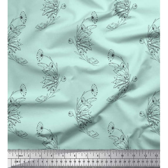 Soimoi Green Poly Georgette Fabric Artistic Leaf & Floral Printed Fabric 1 Yard 42 Inch Wide