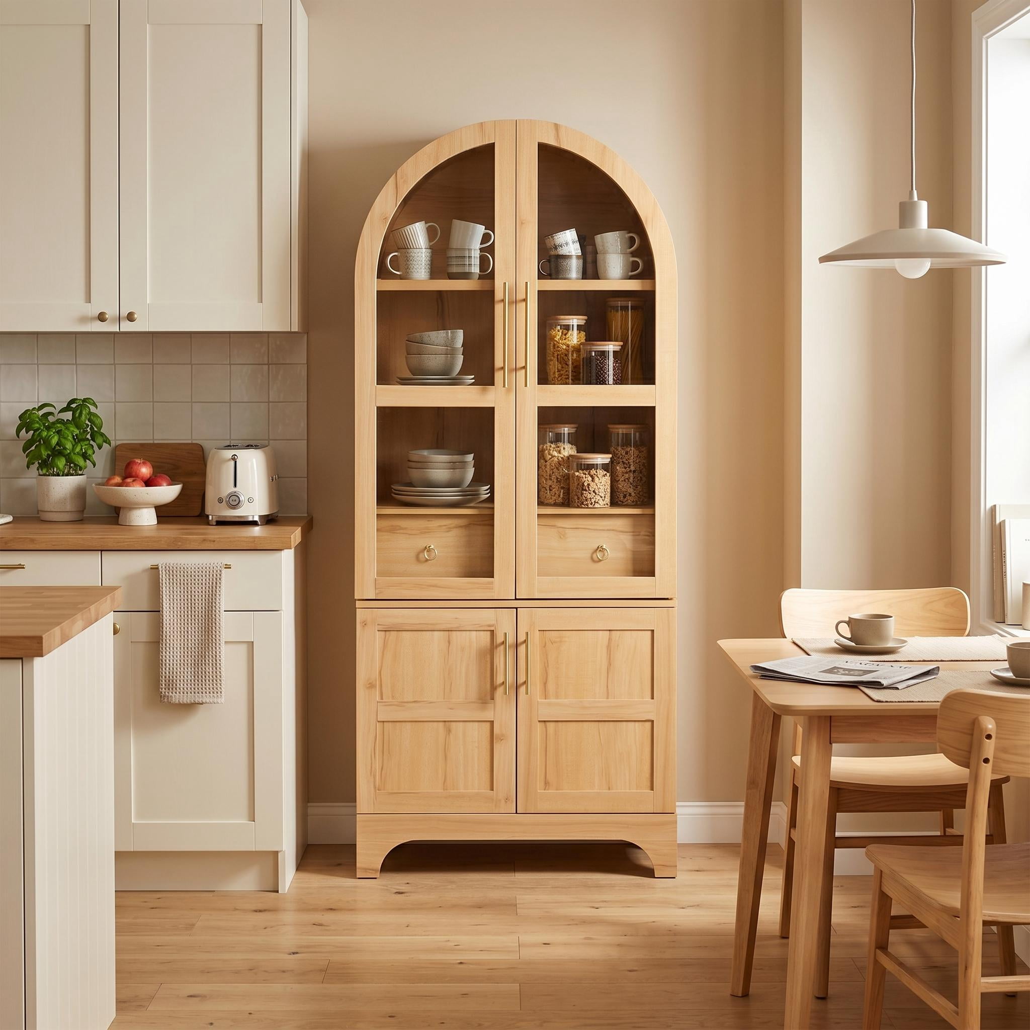 Homy Casa Arched Display Cabinet with Glass Doors, Tall Storage Cabinet for Living Room