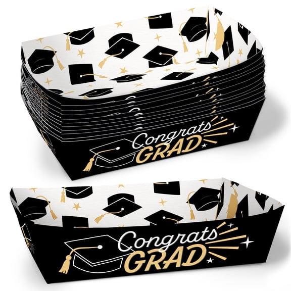 Big Dot of Happiness Black and Gold Graduation Paper Food Trays, Disposable Food Boats for Congrats Grad Party, Double-Sided Paper Meal Holders for Nachos, Hot Dogs, Popcorn, Snacks - 12 Ct