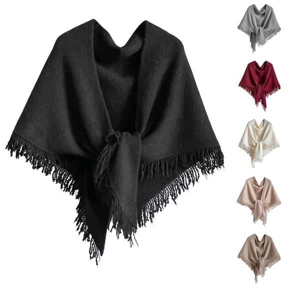 Fewfanhot Fringe Trim Triangular Knit Poncho Shawl, Warm Front Tie Wrap Cape for Women Men Fall Winter