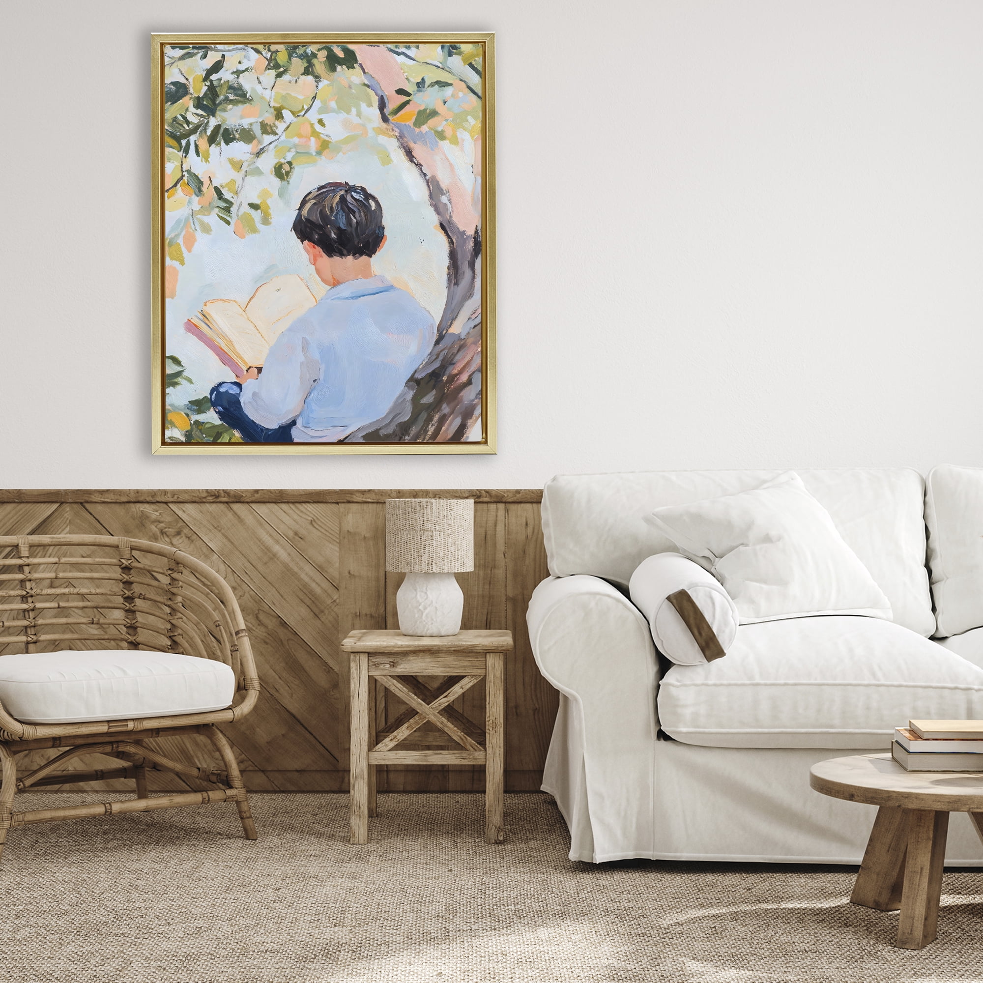 Stupell Industries Boy Reading in Nature Gold Framed Floater Canvas Wall Art, design by The Prints Vibe