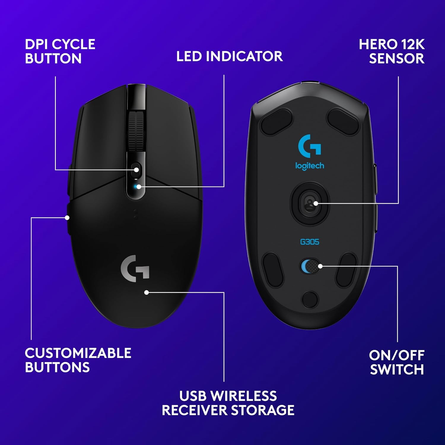 Wireless Gaming Mouse, Hero 12K Sensor, 12,000 DPI, Lightweight, 6 Programmable Buttons, 250h Battery Life, On-Board Memory, PC/Mac