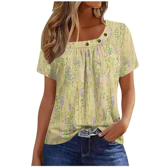 Charella Women's Summer Tops Square Neck Button Floral Printed Basic Tee Short Sleeve Shirts Casual Loose Fit Clothes (XL, Yellow)