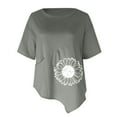 thumbnail image 4 of Chemises d'Été pour Femmes Col Rond Imprimé Coton Lin Haut Grande Taille Ourlet Irrégulier Décontracté Confortable Manches Courtes Blouse, 4 of 4