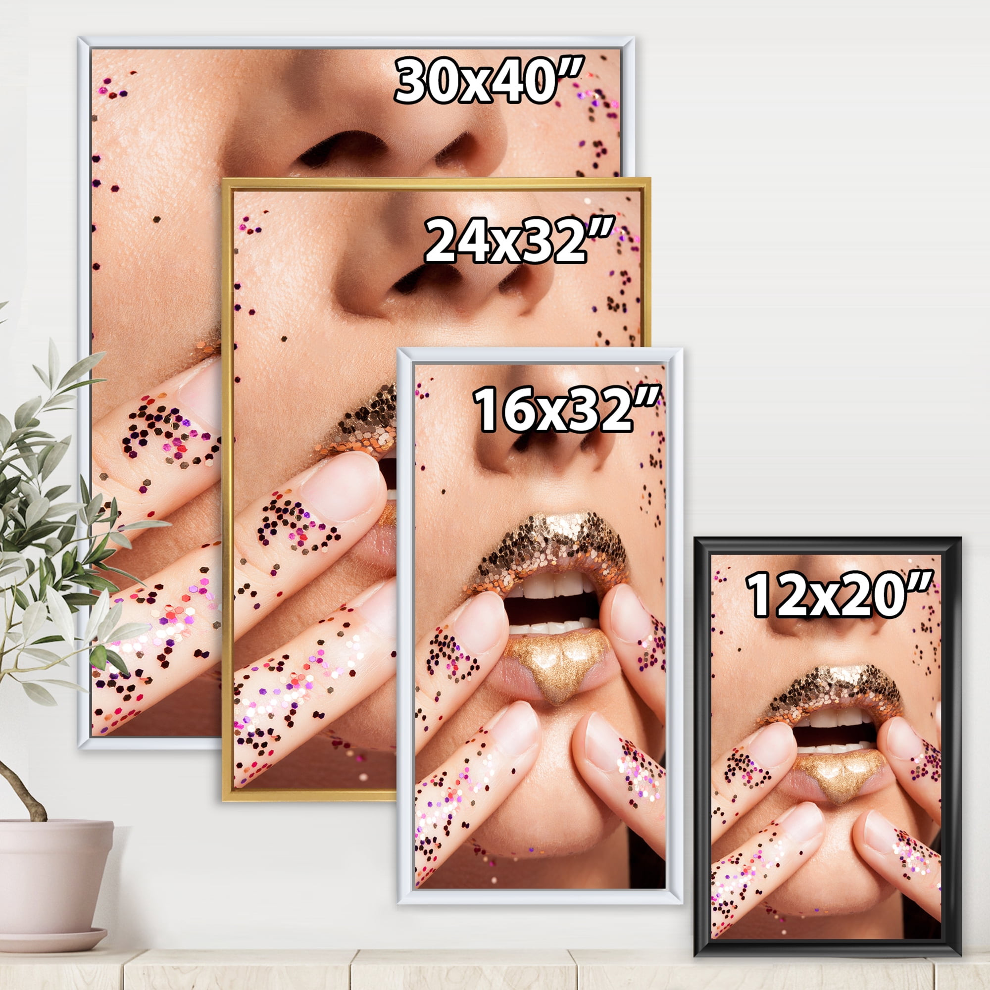 Female With Golden Lips and Glitter On Her Hands 24 in x 32 in Framed Photography Canvas Art Print, by Designart