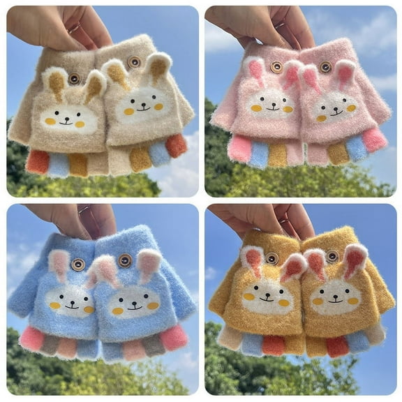 Kids Flip Top Gloves Children Winter Warm Knitted Fingerless Mittens for Boys Girls 6-10 Years Old