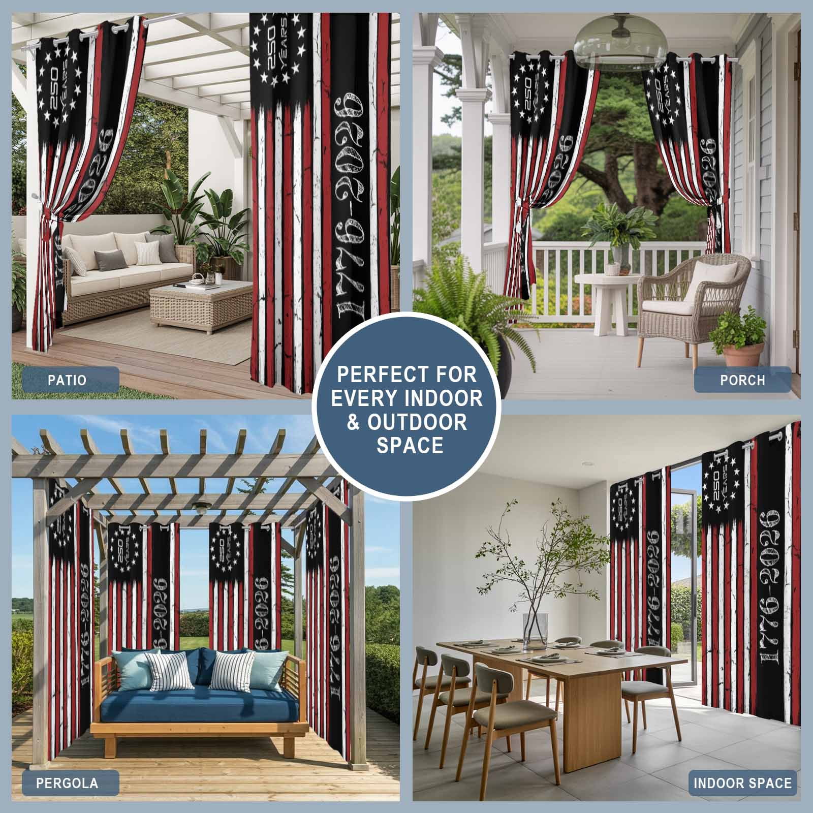 4th of July Outdoor Curtains for Patio, Years Independence Day Red Black USA Flag Stripe Sunshade Privacy Drapes Grommet Waterproof Outside Curtains for Porch/Cabana/Balcony 54"x 108", 1 Panel