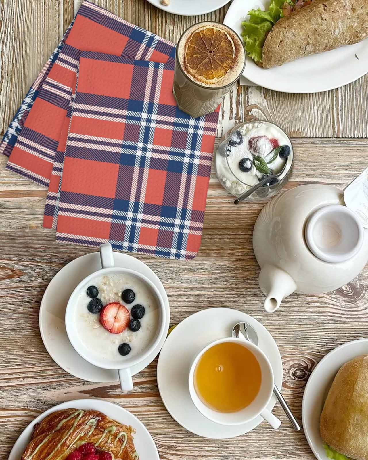 Orange Blue Hand Towels Set, Waffle Weave Kitchen Towels 4 Pieces, British Style Buffalo Plaid Lattice Microfiber Hair Face Bath Tea Towel Absorbent Quick Drying Cleaning Dish Cloths, 15.7"x23.6"