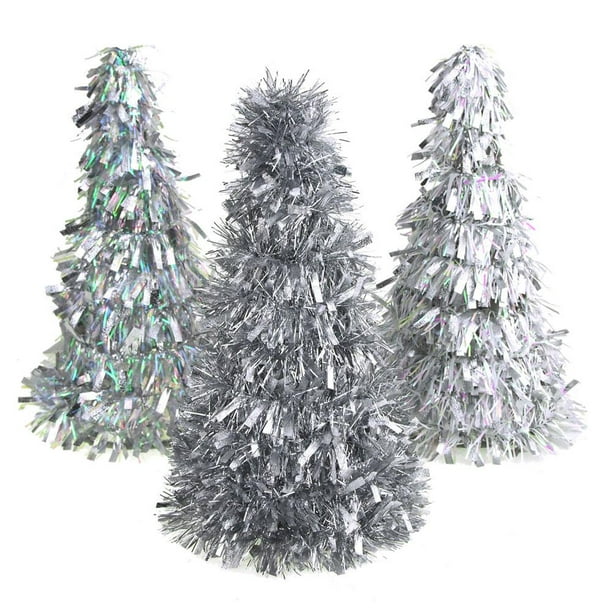 Christmas Tinsel Tree Cone Christmas Tabletop, Iridescent/Silver, 10