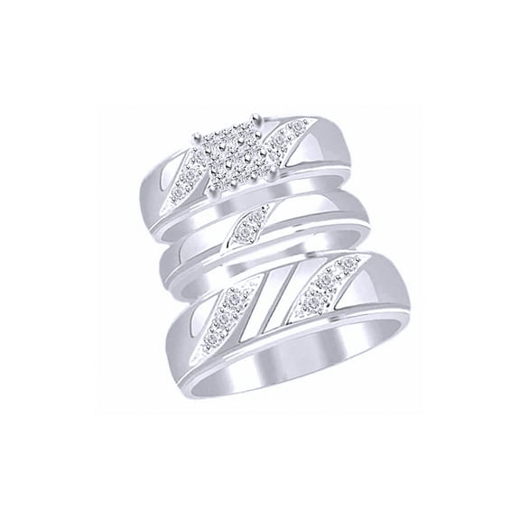 AFFY White Natural Diamond Engagement & Wedding Trio Band Ring Set In 14k White Gold Over 925 Sterling Silver (0.16 Cttw)