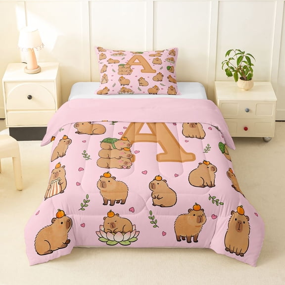 Manfei Cute Capybara Twin Comforter Sets,Lovely Initial A Bedding Set,Pink Brown,Pink Reversible,2-Piece,1 Comforter and 1 Pillowcase