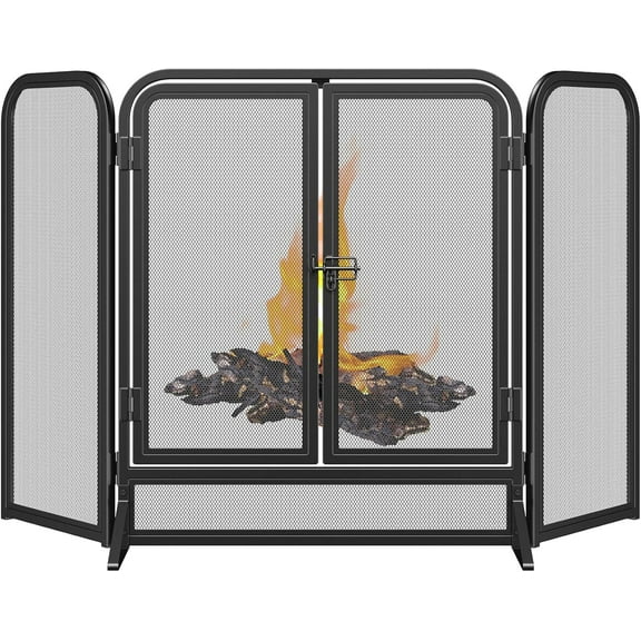3 Panel Fireplace Screen 51.5" W x 32.5" H Modern Foldable with Wrought Metal Decorative Mesh, Heavy Duty Fire Spark Guard Cover for Home Decor Indoor, Black