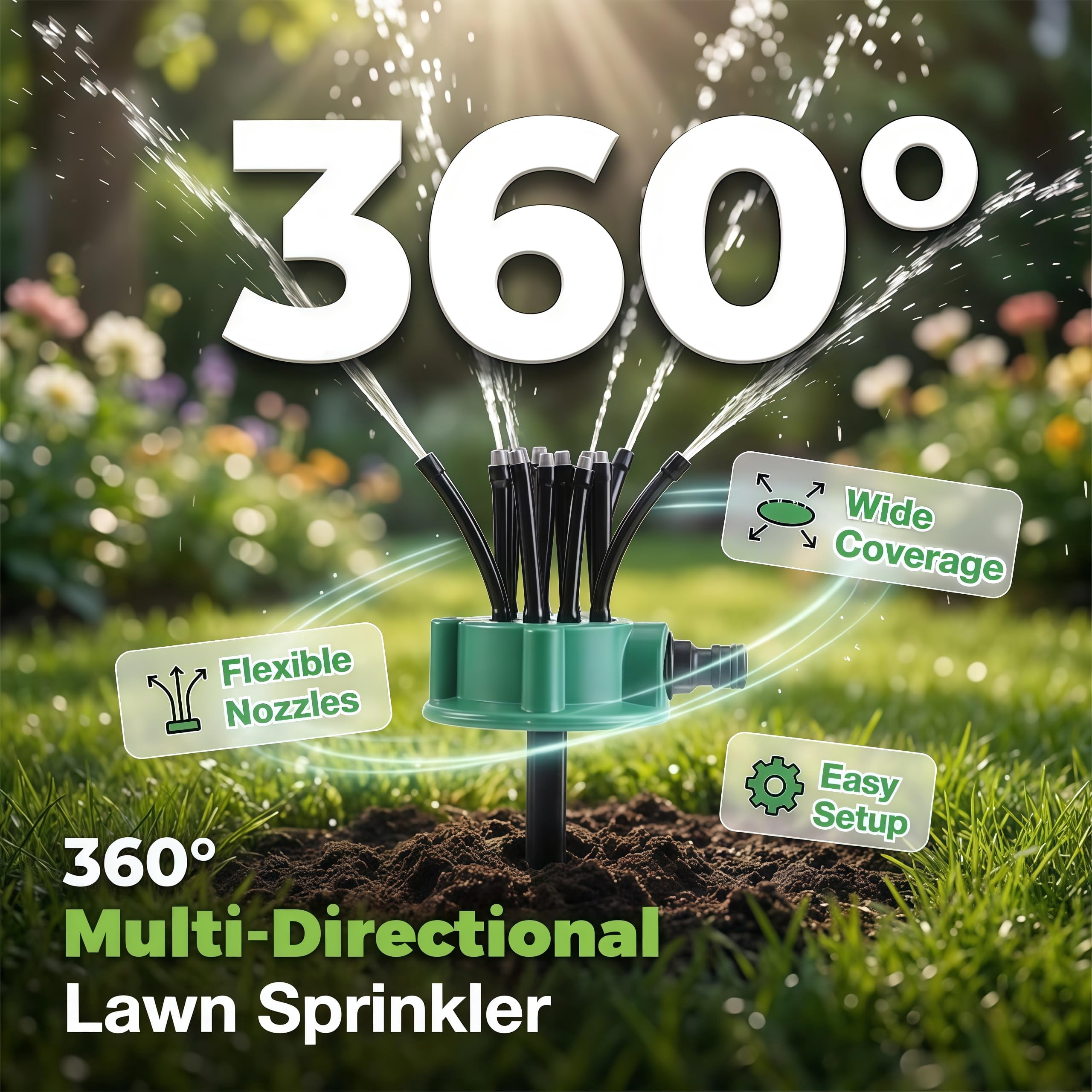 360° Multi-Directional Lawn Sprinkler, Flexible 12-Nozzle Garden Water Sprinkler for Yard, Grass & Kids Play