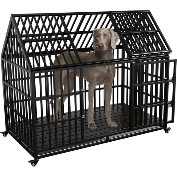 54 inch Heavy Duty Indestructible Dog Crate, Escape Proof Dog Cage Kennel with Lockable Wheels, High Anxiety Double Door, Extra Large Crate Indoor for Large Dog with Removable Tray