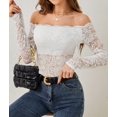 thumbnail image 4 of Women Lace Trim Off Shouder Top Long Sleeve Double Lined Y2k Trendy T Shirts White XL, 4 of 7