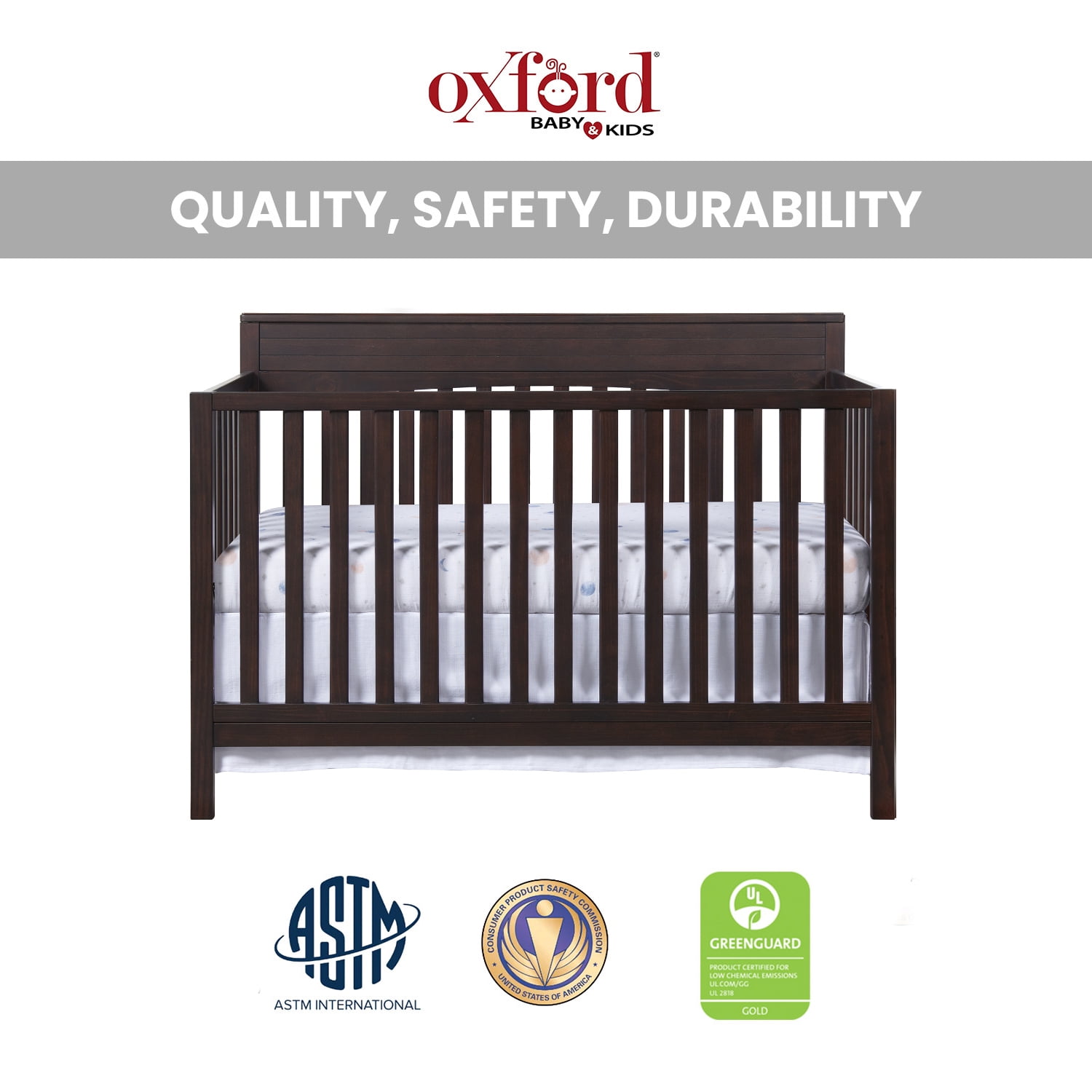 Oxford Baby Harper 4-in-1 Convertible Crib, Espresso Brown, GREENGUARD Gold Certified, Wooden Crib