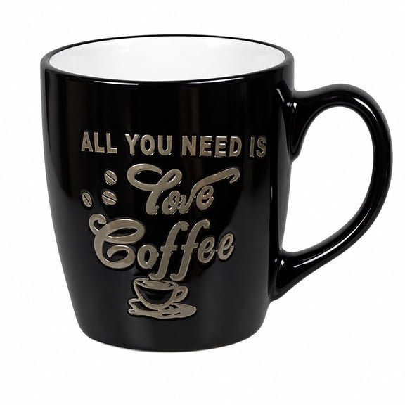 All You Need Is Love & Coffee – 14oz Glazed Metallic Black Ceramic Mug – Sentiment Coffee/Tea Cup for Hot Beverages
