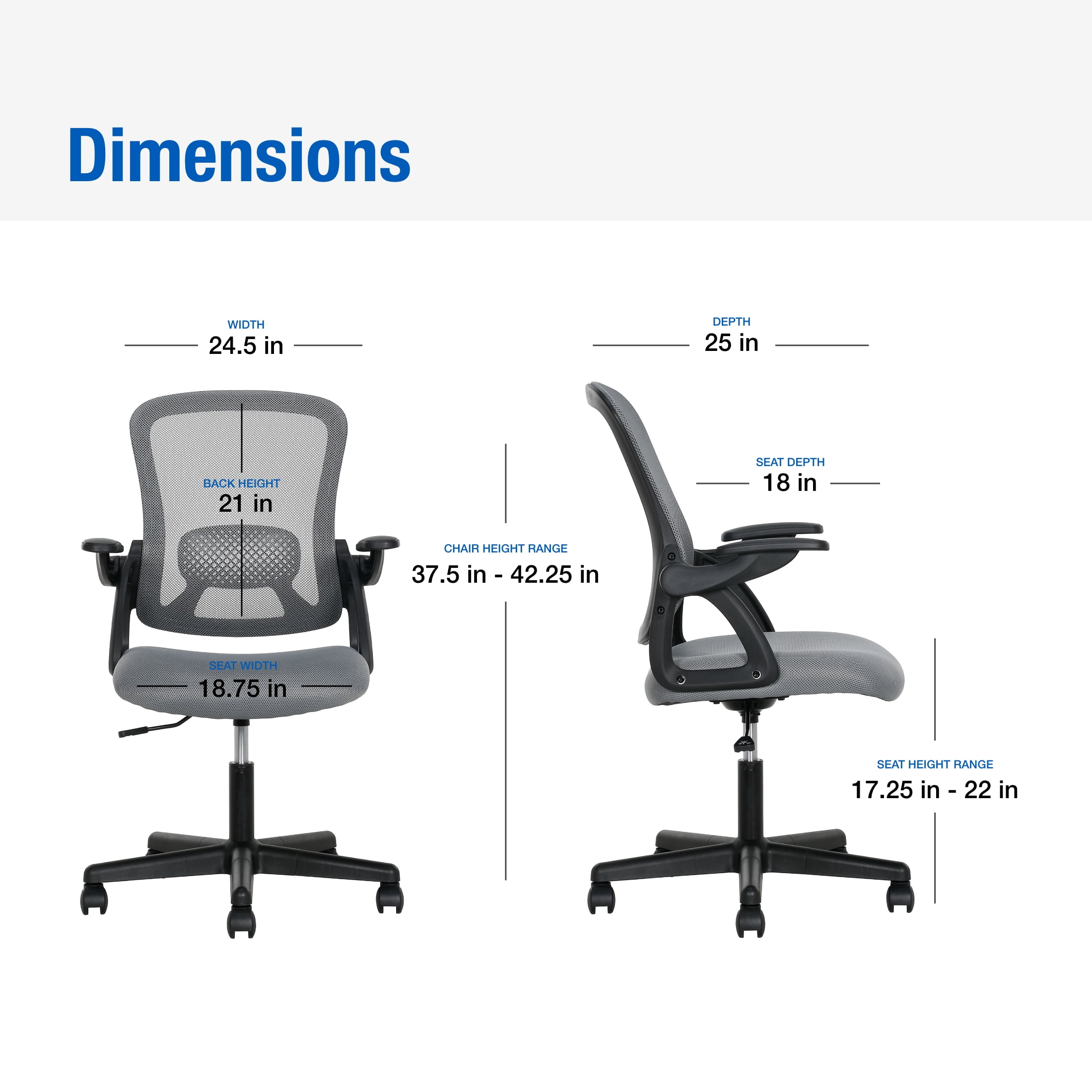Mainstays Ergonomic Mesh Back Office Chair with Flip Up Arms for Adults, Grey Fabric, 275lb