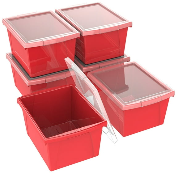 Storex 4 Gallon Plastic Storage Bin with Lid for Kids, Letter Size, Red, 6-Pack