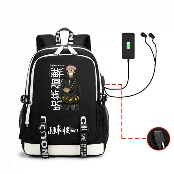Anime Backpack Jujutsu Uniform Graphic Energy Flame Print Canvas Streetwear USB Bag
