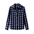 thumbnail image 5 of Hueook Plaid Button Down Shirt For Women Flannel Collared Work Tops Dressy Gingham Fall Long Sleeve Checkered Blouse Navy M, 5 of 7