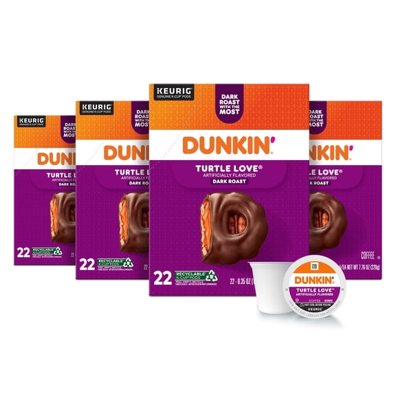 (4 pack) Dunkin’ Turtle Love Artificially Flavored Coffee, Dark Roast, Keurig K Cup Pods, 22 Count Box