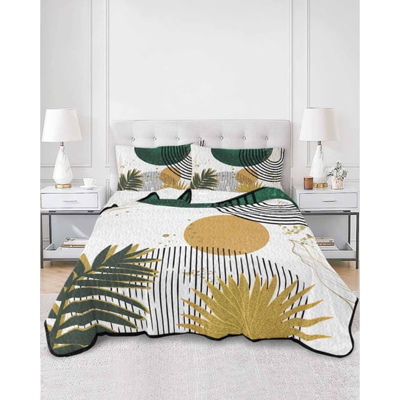 Quilts King Size, Green Yellow Boho Soft Comforter Bedding Set for Bed, Modern Abstract Geometric Lightweight Quilted Bedspread with Pillow Cover(2 Pieces) for All Season, 96x106 Inch
