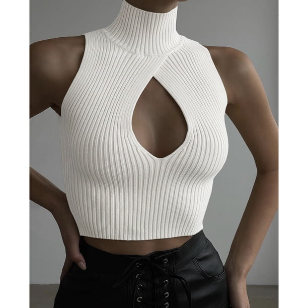 CUPSHE Camiseta Sin Mangas Con Cuello Halter Para Mujer, Dobladillo Festoneado, Cuello Alto, Hombros Descubiertos, Blanco, XS