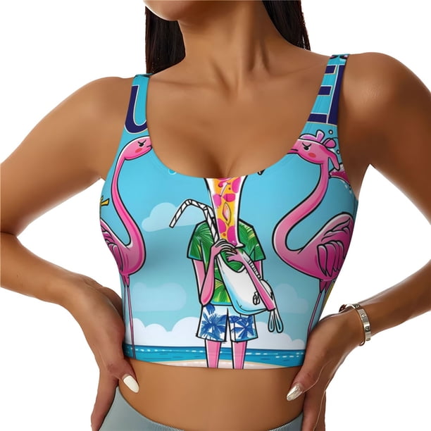 Fotbe Beach Flamingo Trio Sujetador Deportivo Largo sin Aros para Mujer con Almohadillas y Soporte Medio, Transpirable y Absorbente, Camiseta Tipo Chaleco o Tank Top-Large