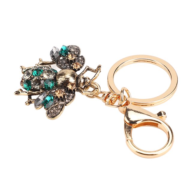 Bee Keychain, Cute Style Gold Plated Alloy Rhinestone Sparkling Keyring Compact Portable For Gift Champagne,Green,Purple