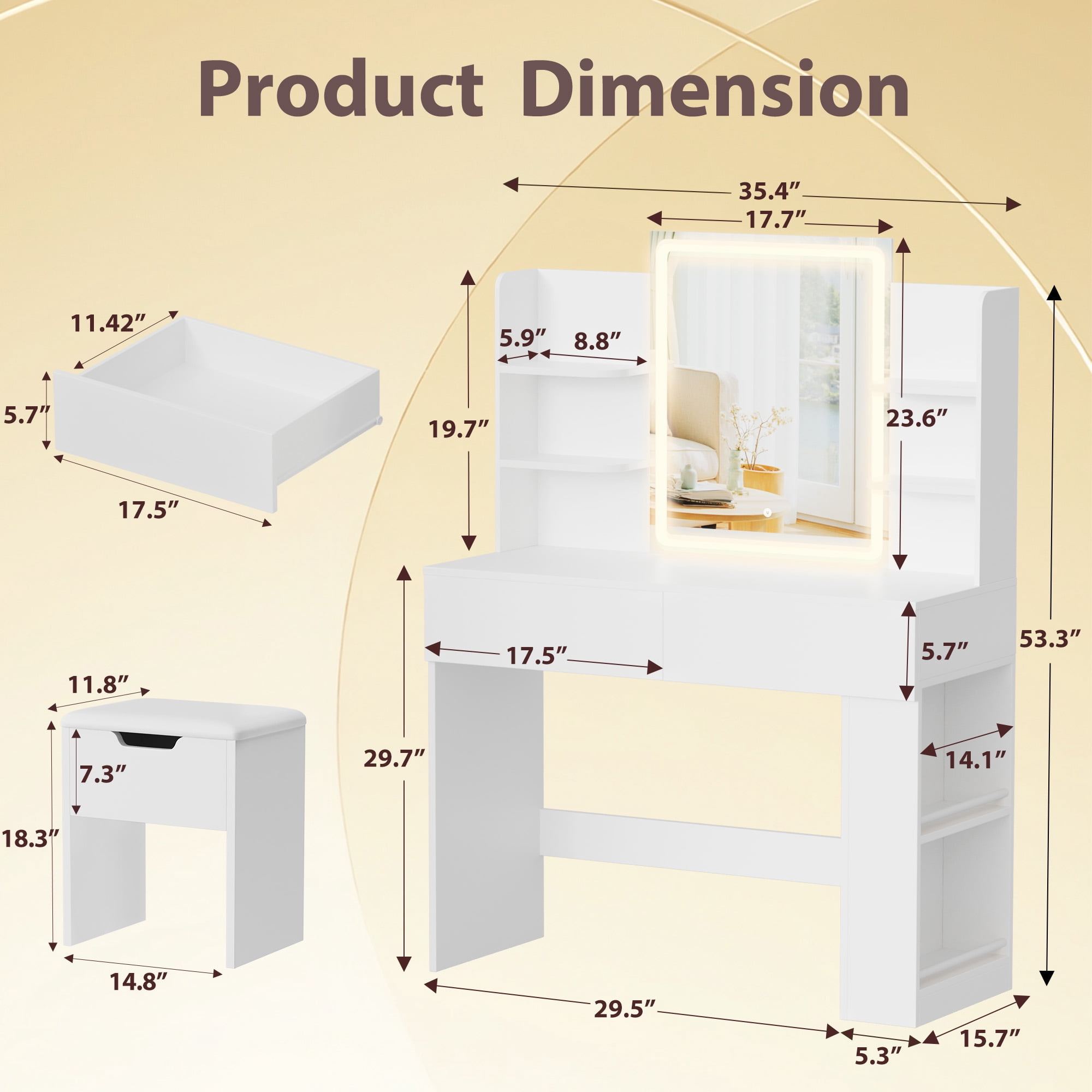 Homall Vanity Desk Set with 3 Colors LED Lighted Mirror, Makeup Vanity with Stool, Storage Shelves and Drawers, Vanity Table Dressing Table for Bedroom, White