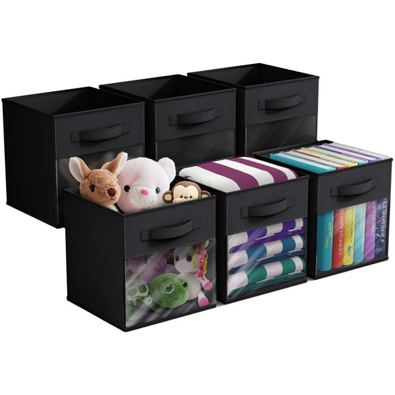 Sorbus 11” Foldable Storage Bins with Clear Window – Set of 6 Collapsible Fabric Baskets with Handles for Clothes, Toys, Books – Sturdy Organizer Cubes for Shelves & Closets, Black